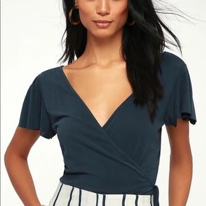 Lulus Bel Air Washed Navy Blue Wrap Top